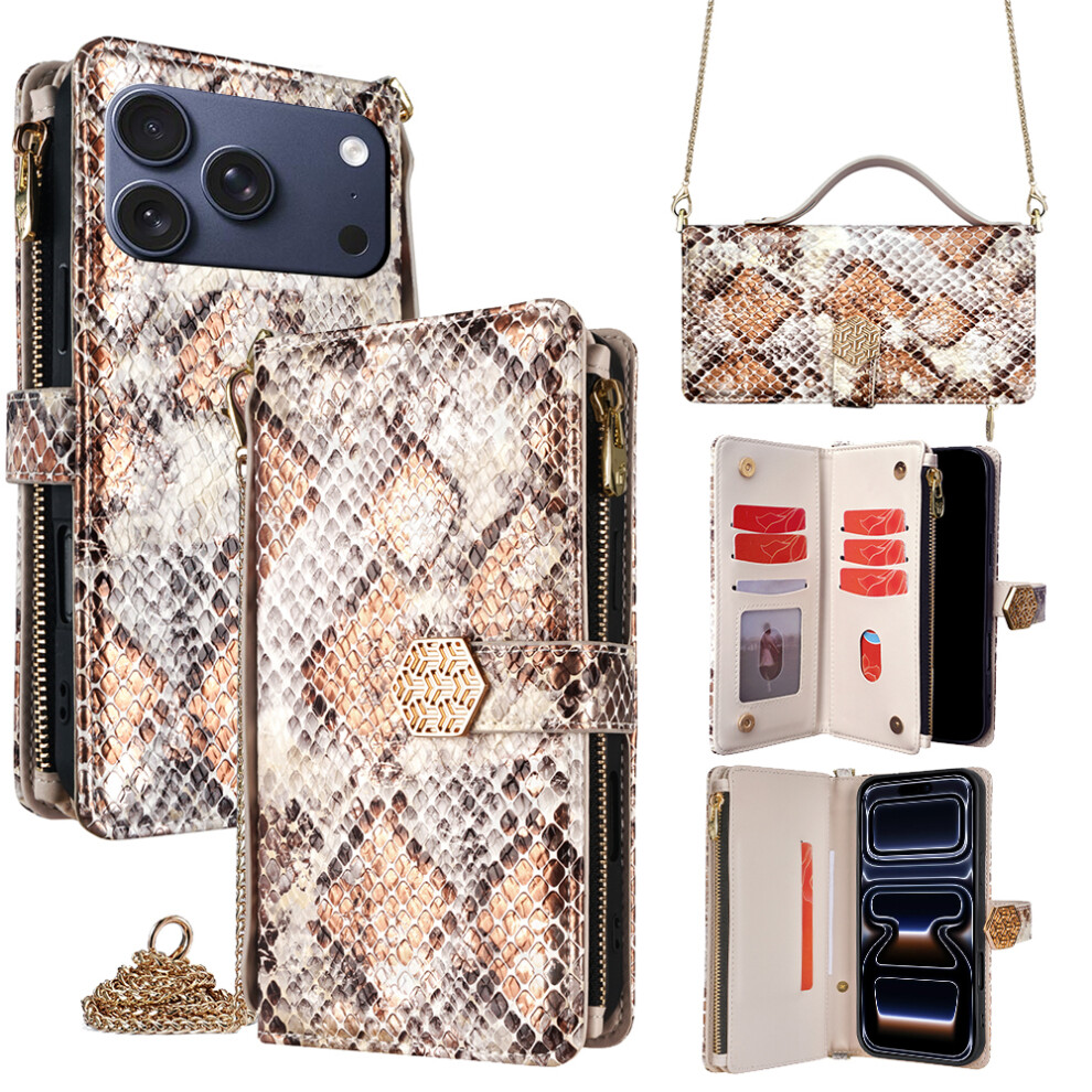 (White) For Iphone 17 Pro Case Snake Skin Texture Pu Leather Phone Wallet Cover With Shoulder Strap White 6914286936479