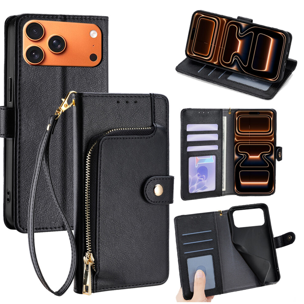 (Black) For Iphone 17 Pro Max Case Zipper Pocket Pu Leather Wallet Flip Phone Cover Black 6914281895351