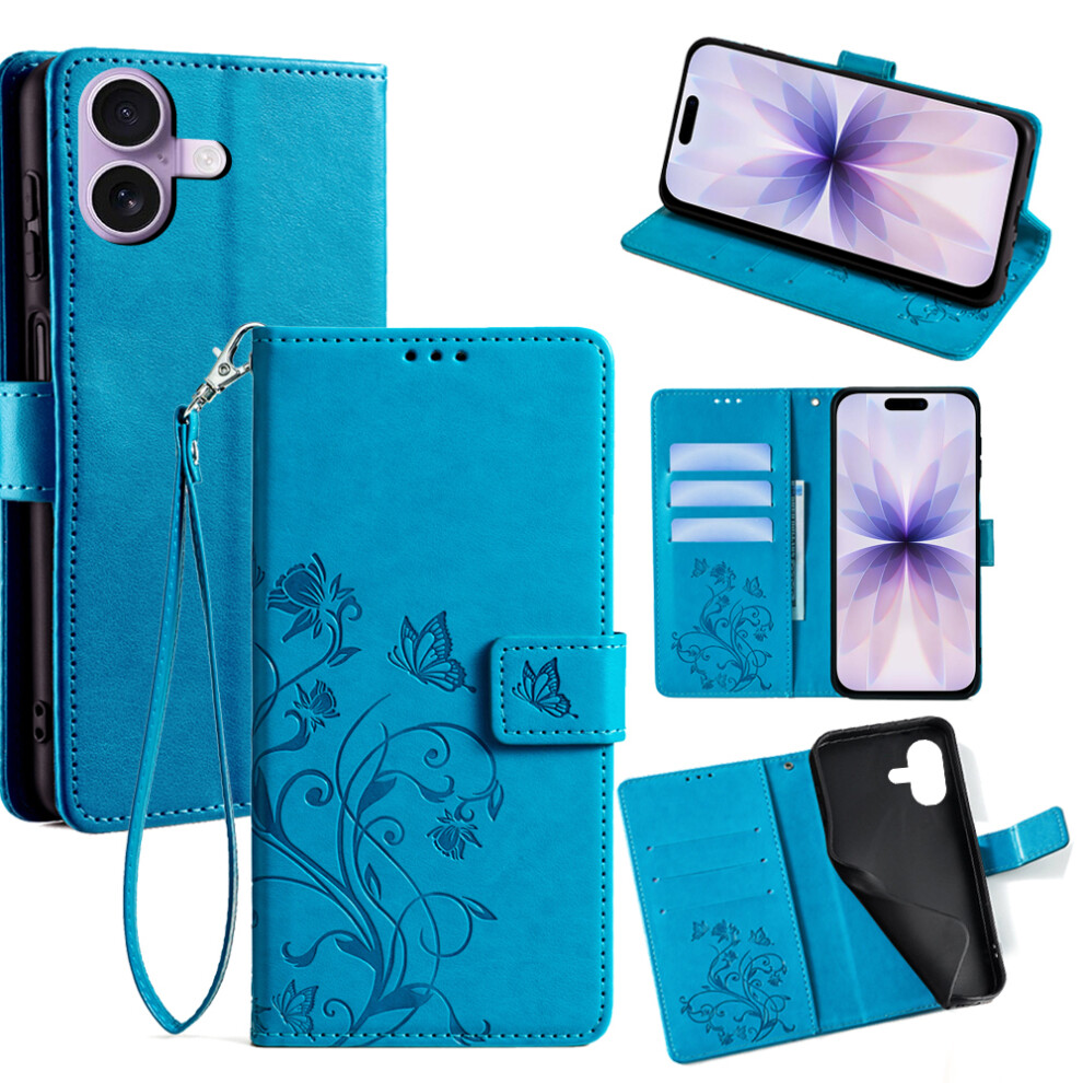 (Blue) For Iphone 17 Case Butterfly Flower Imprinted Pu Leather Wallet Phone Cover Blue 6914281968185