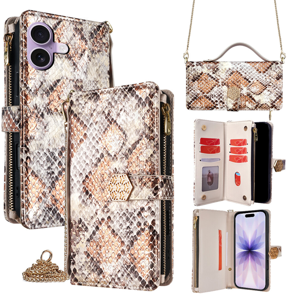 (White) For Iphone 17 Case Snake Skin Texture Pu Leather Phone Wallet Cover With Shoulder Strap White 6914283622757