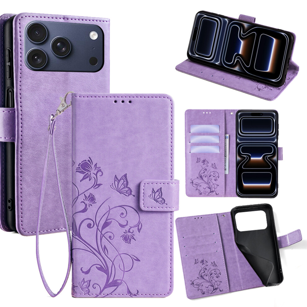 (Purple) For Iphone 17 Pro Case Butterfly Flower Imprinted Pu Leather Wallet Phone Cover Purple 6914283898633