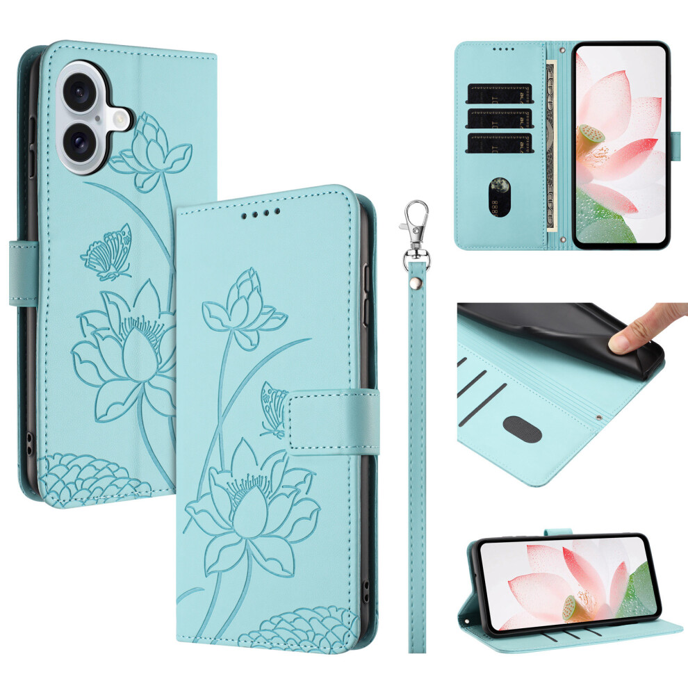 (Green) For Iphone 17 Case Wallet Stand Lotus Imprint Leather Phone Cover With Wrist Strap Green 6914286205247