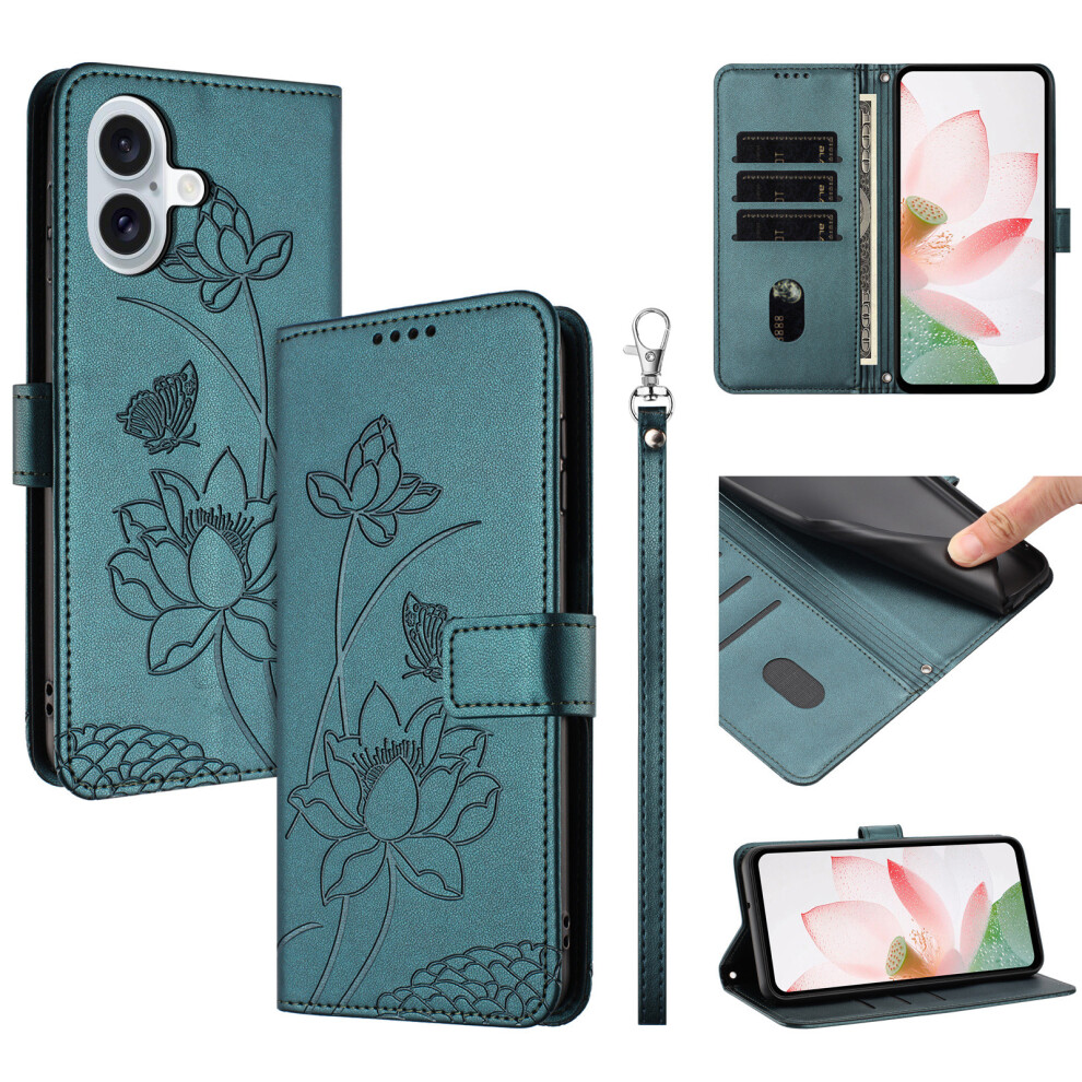 (Dark ) For Iphone 17 Case Wallet Stand Lotus Imprint Leather Phone Cover With Wrist Strap Green 6914287809789