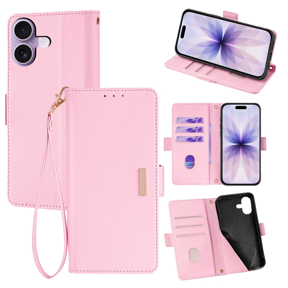(Pink) For Iphone 17 Case Rfid Blocking Wallet Pu Leather Phone Cover With Wrist Strap Pink 6914286513069
