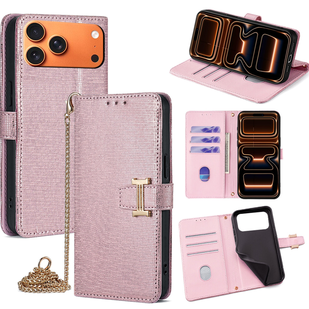 (Rose ) For Iphone 17 Pro Max Case Wallet Sequins Leather Crossbody Phone Cover Gold 6914280610481