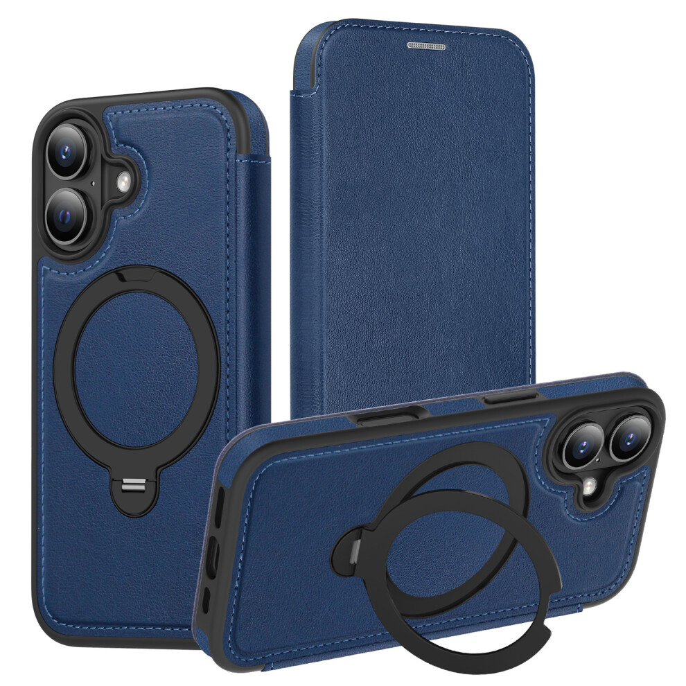(Sapphire) For Iphone 17 Case Compatible With Magsafe Rfid Blocking Leather Wallet Cover With Rotating Ring Kickstand Blue 6914282948971