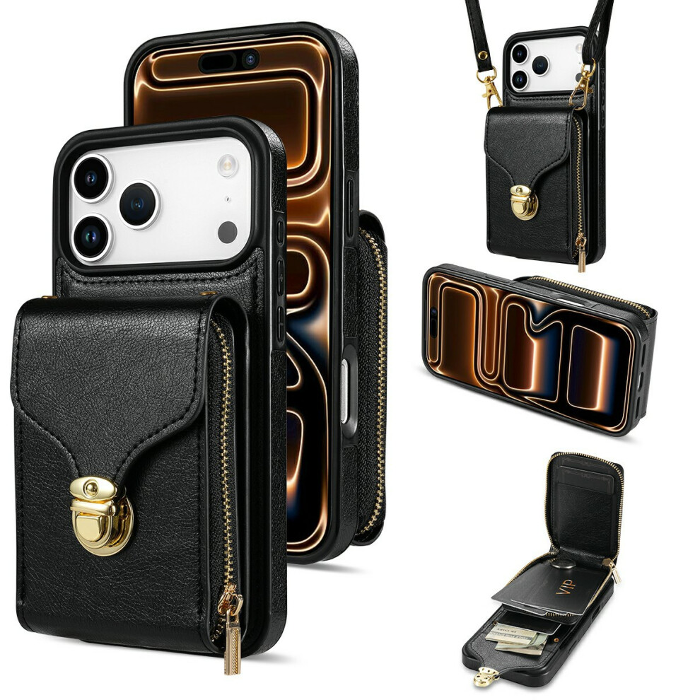 (Black) For Iphone 17 Pro Max Case Zipper Wallet Leather + Tpu Phone Cover With Strap Black 6914286142573