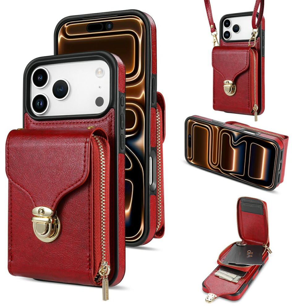 (Red) For Iphone 17 Pro Max Case Zipper Wallet Leather + Tpu Phone Cover With Strap Red 6914287540675