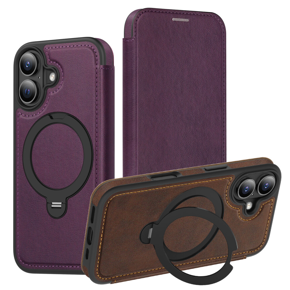 (Dark ) For Iphone 17 Case Compatible With Magsafe Rfid Blocking Leather Wallet Cover With Rotating Ring Kickstand Purple 6914283430901