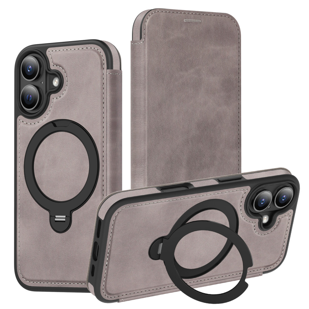 (Grey) For Iphone 17 Case Compatible With Magsafe Rfid Blocking Leather Wallet Cover With Rotating Ring Kickstand Grey 6914289069037