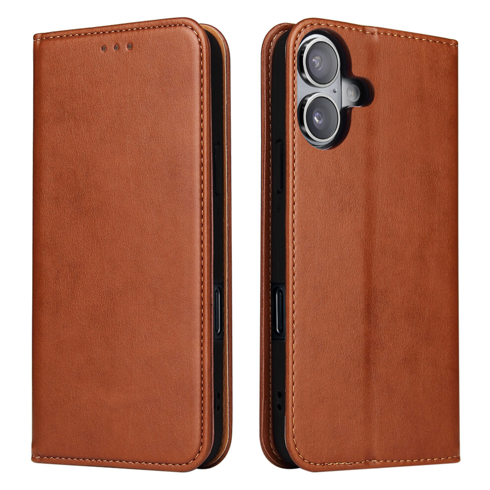 (Brown) Fierre Shann For Iphone 17 Case Pu Leather Flip Stand Wallet Phone Cover Brown 6914282948889