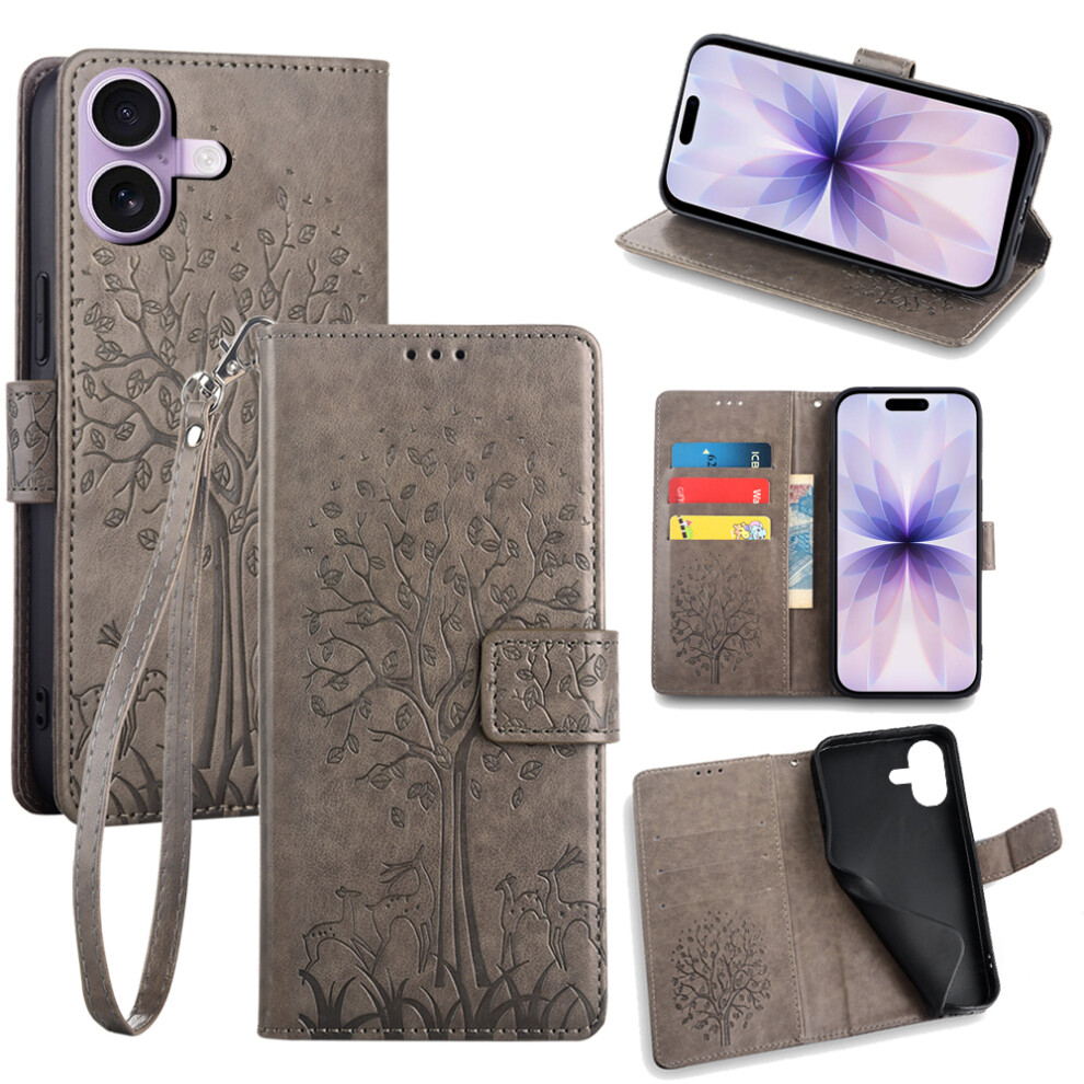 (Grey) For Iphone 17 Case Pu Leather Wallet Phone Cover Tree Deer Imprinted Grey 6914289887761