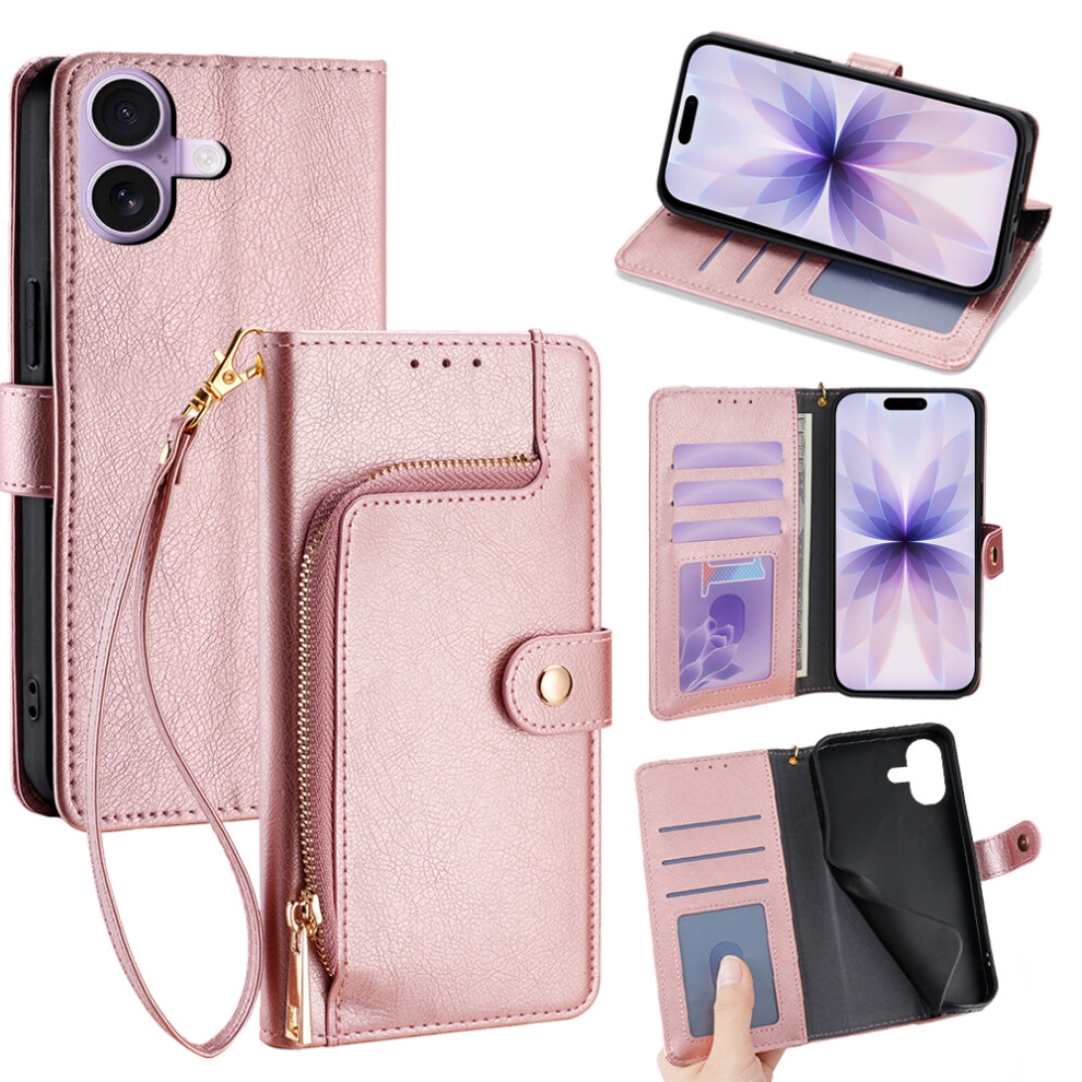 (Rose ) For Iphone 17 Case Zipper Pocket Pu Leather Wallet Flip Phone Cover Gold 6914282484028