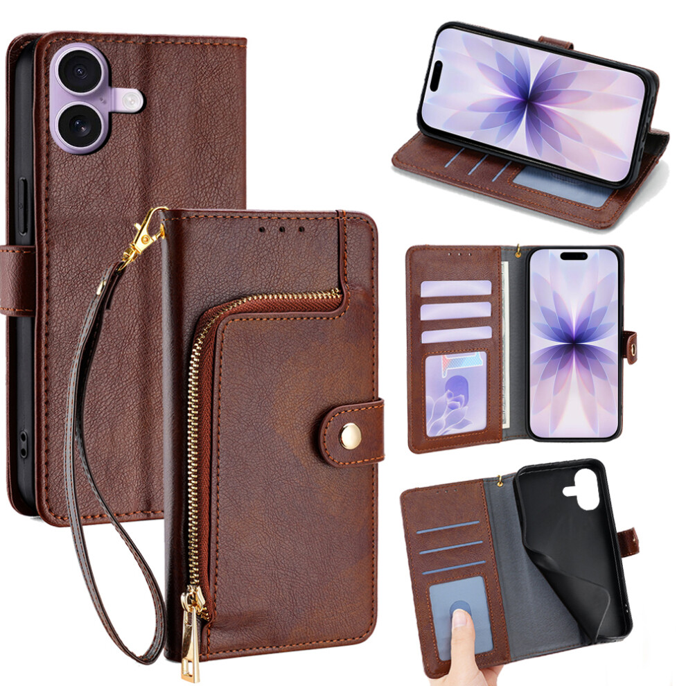 (Brown) For Iphone 17 Case Zipper Pocket Pu Leather Wallet Flip Phone Cover Brown 6914289708844
