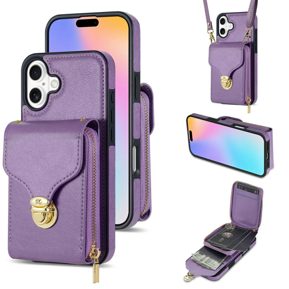 (Purple) For Iphone 17 Case Zipper Wallet Leather + Tpu Phone Cover With Strap Purple 6914287807631
