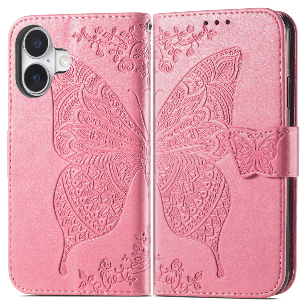 (Pink) For Iphone 17 Case With Strap Butterfly Pattern Pu Leather Wallet Phone Cover Pink 6914289580723