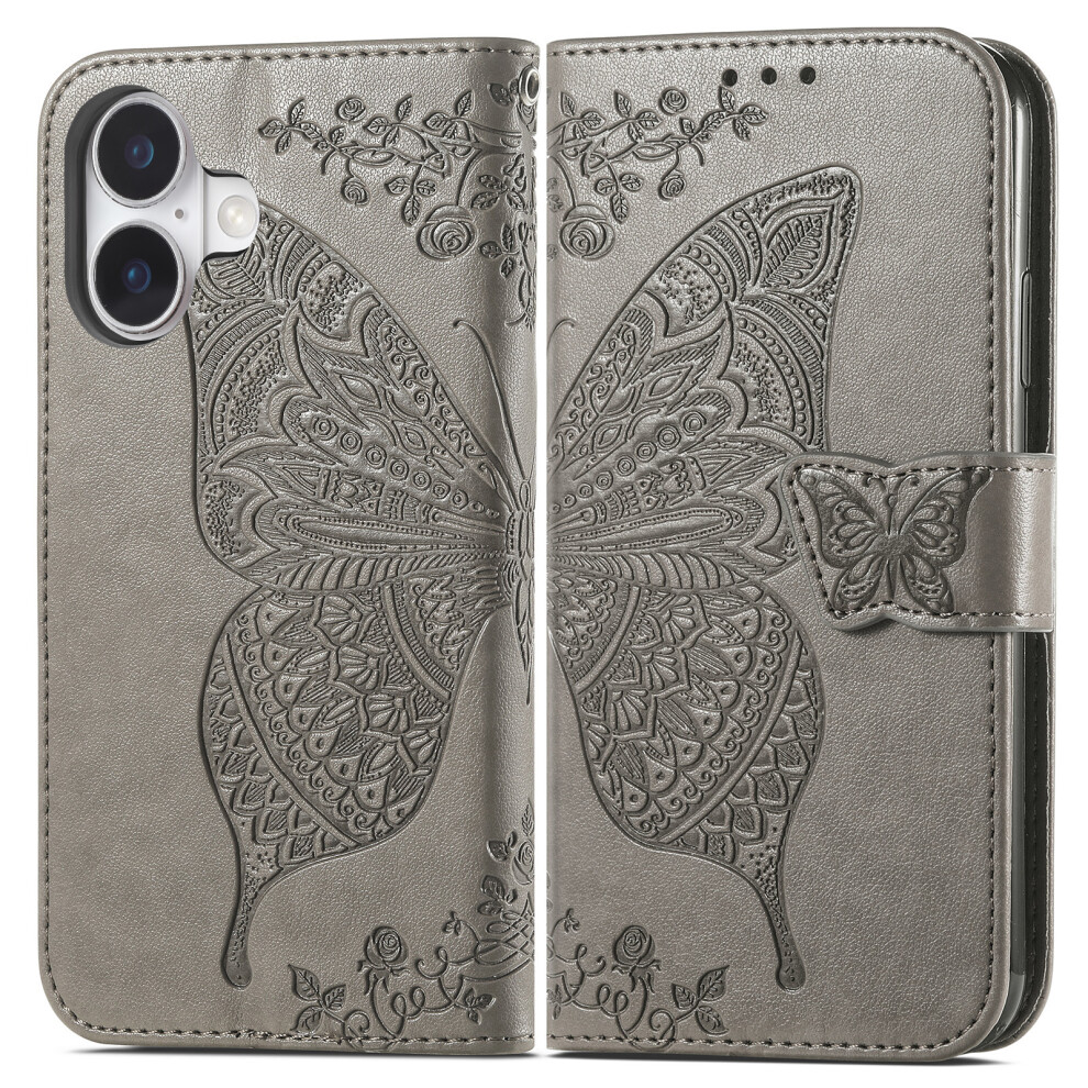 (Grey) For Iphone 17 Case With Strap Butterfly Pattern Pu Leather Wallet Phone Cover Grey 6914287234734