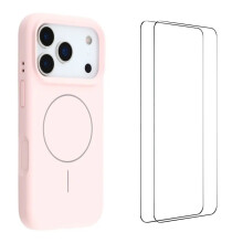 (Pink) For iPhone 17 Pro Max Case Compatible with MagSafe WANLONFENG XQ Series TPU Liquid Silicone Phone Cover with 2 Tempered Glass Film