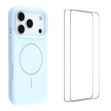 (Blue) For iPhone 17 Pro Max Case Compatible with MagSafe WANLONFENG XQ Series TPU Liquid Silicone Phone Cover with 2 Tempered Glass Film
