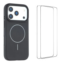 (Black) For iPhone 17 Pro Max Case Compatible with MagSafe WANLONFENG XQ Series TPU Liquid Silicone Phone Cover with 2 Tempered Glass Film