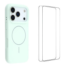 (Green) For iPhone 17 Pro Max Case Compatible with MagSafe WANLONFENG XQ Series TPU Liquid Silicone Phone Cover with 2 Tempered Glass Film