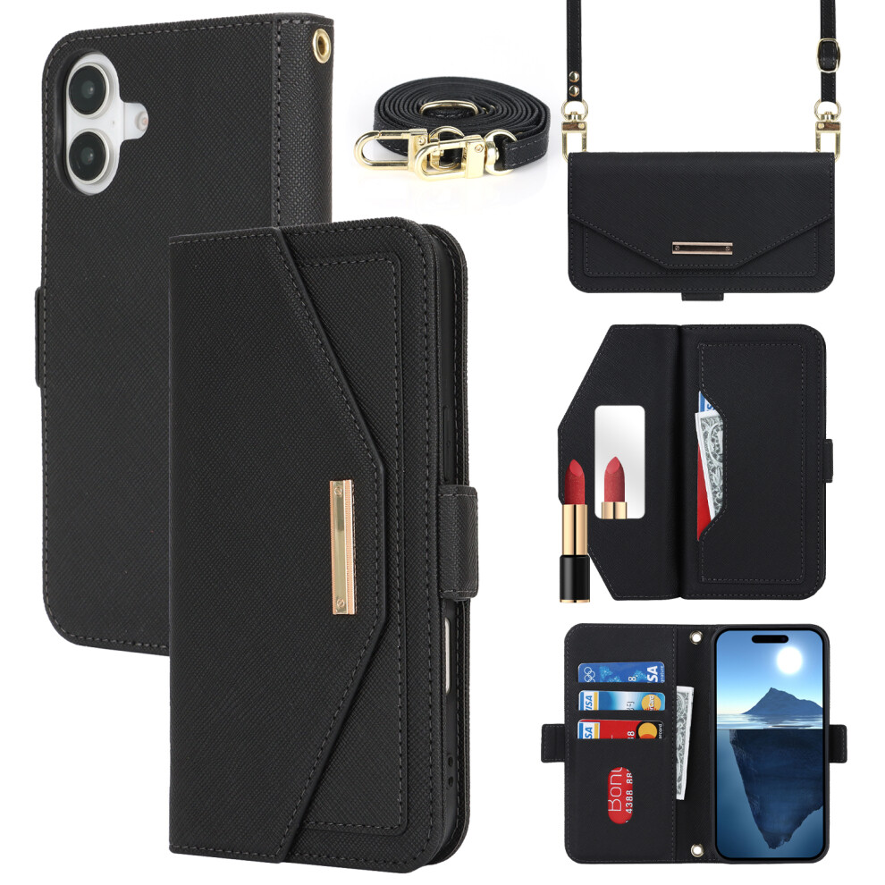 (Black) For Iphone 17 Stand Case Cross Texture Pu Leather Wallet Phone Cover With Shoulder Strap Makeup Mirror Black 6914289641707