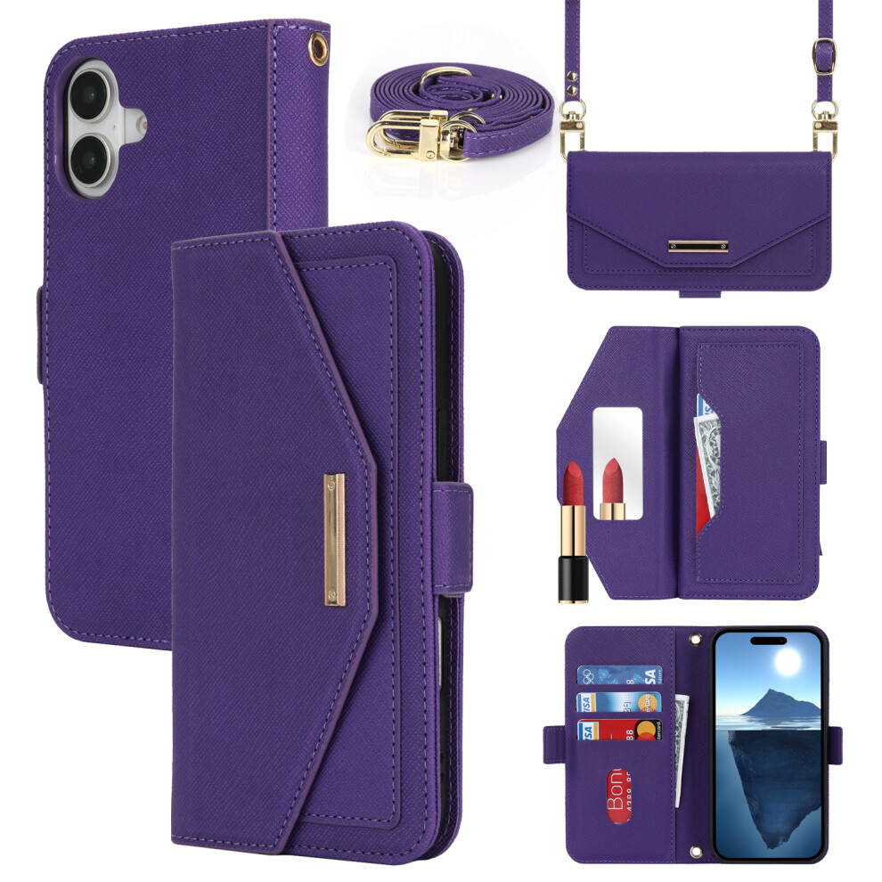(Purple) For Iphone 17 Stand Case Cross Texture Pu Leather Wallet Phone Cover With Shoulder Strap Makeup Mirror Purple 6914283493623