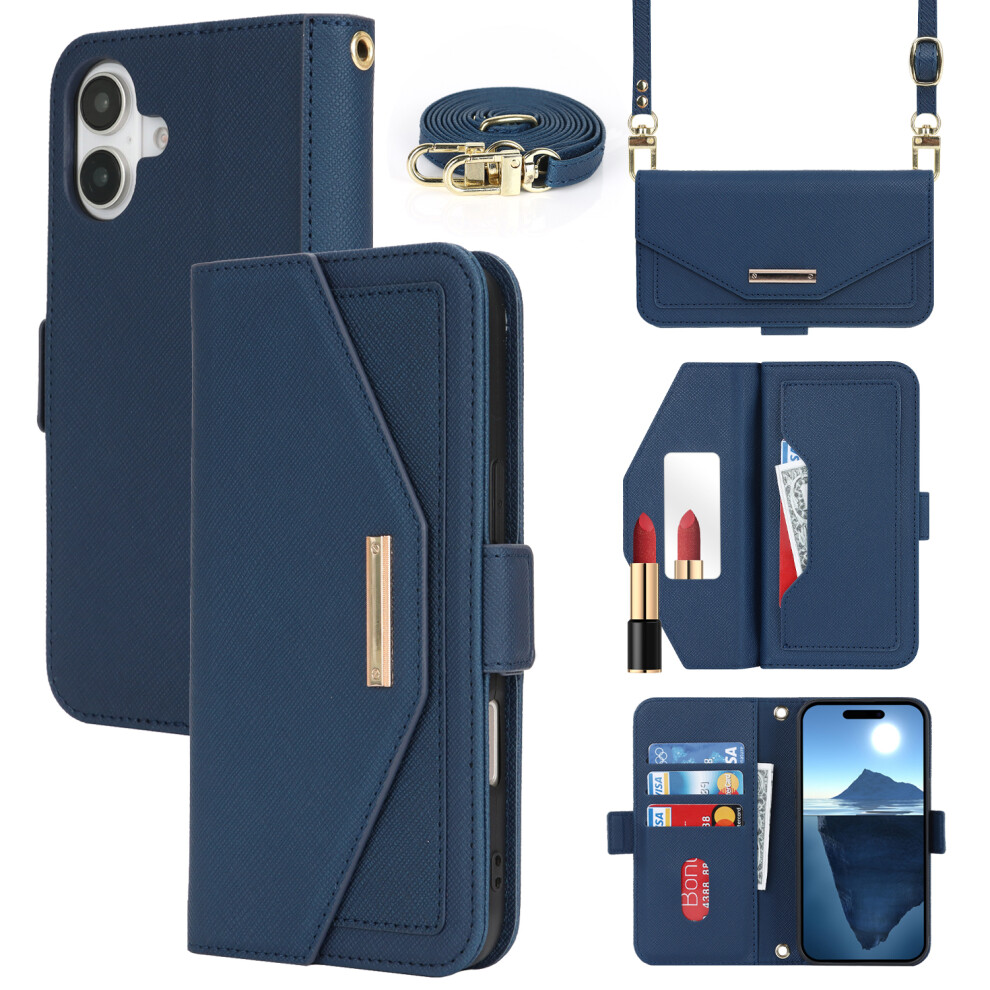 (Blue) For Iphone 17 Stand Case Cross Texture Pu Leather Wallet Phone Cover With Shoulder Strap Makeup Mirror Blue 6914282955429