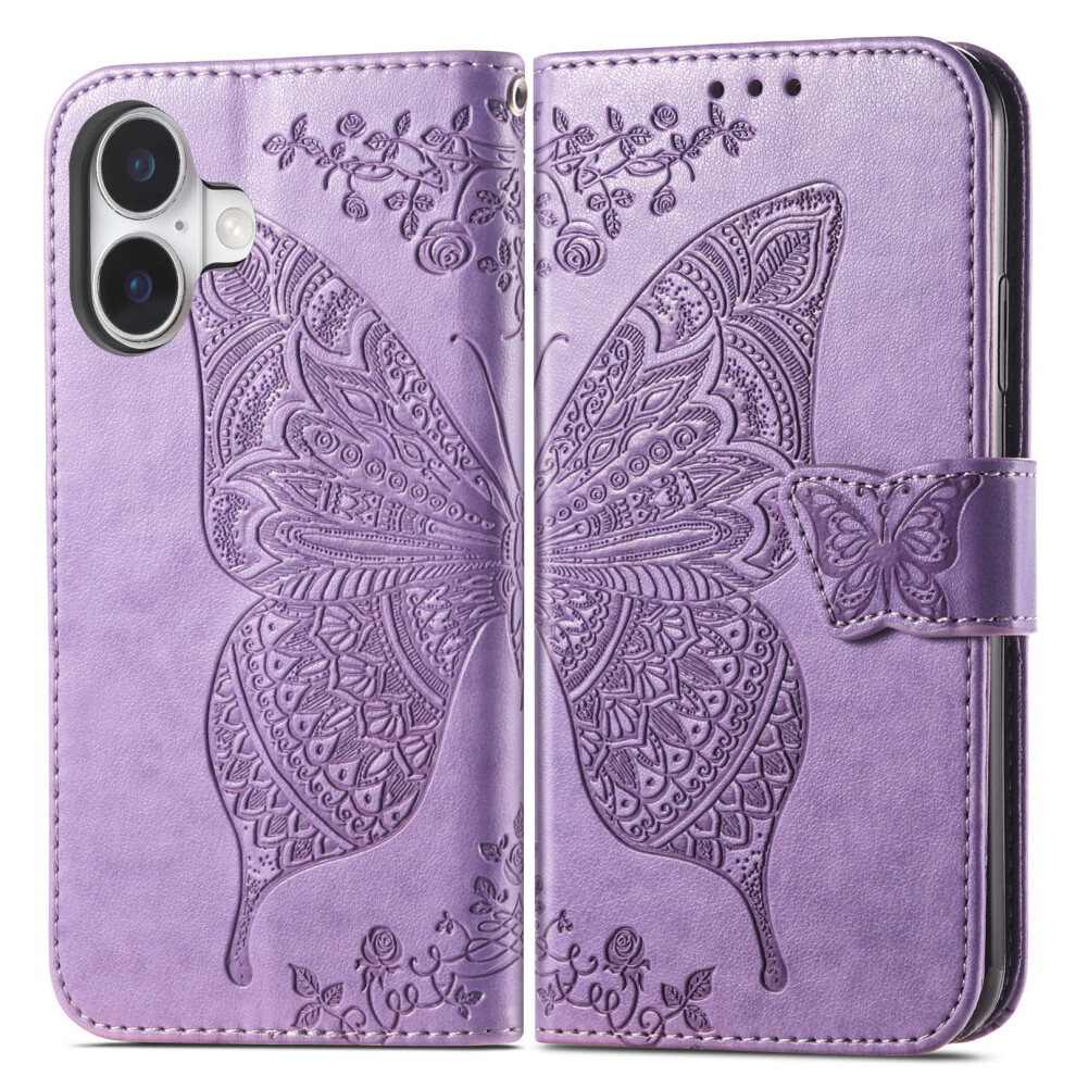 (Light ) For Iphone 17 Case With Strap Butterfly Pattern Pu Leather Wallet Phone Cover Purple 6914285904561