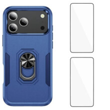 (Blue) For iPhone 17 Pro Max Case with 2Pcs Tempered Glass WANLONFENG KT Series PC TPU Kickstand Phone Cover