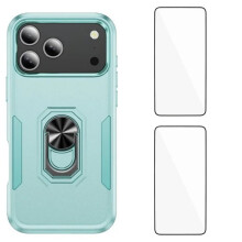(Green) For iPhone 17 Pro Max Case with 2Pcs Tempered Glass WANLONFENG KT Series PC TPU Kickstand Phone Cover