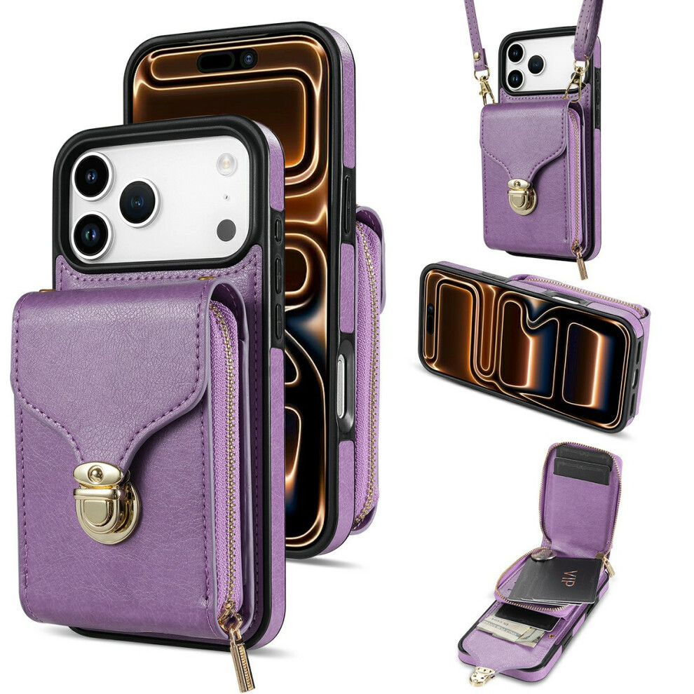 (Purple) For Iphone 17 Pro Case Zipper Wallet Leather + Tpu Phone Cover With Strap Purple 6914283374779