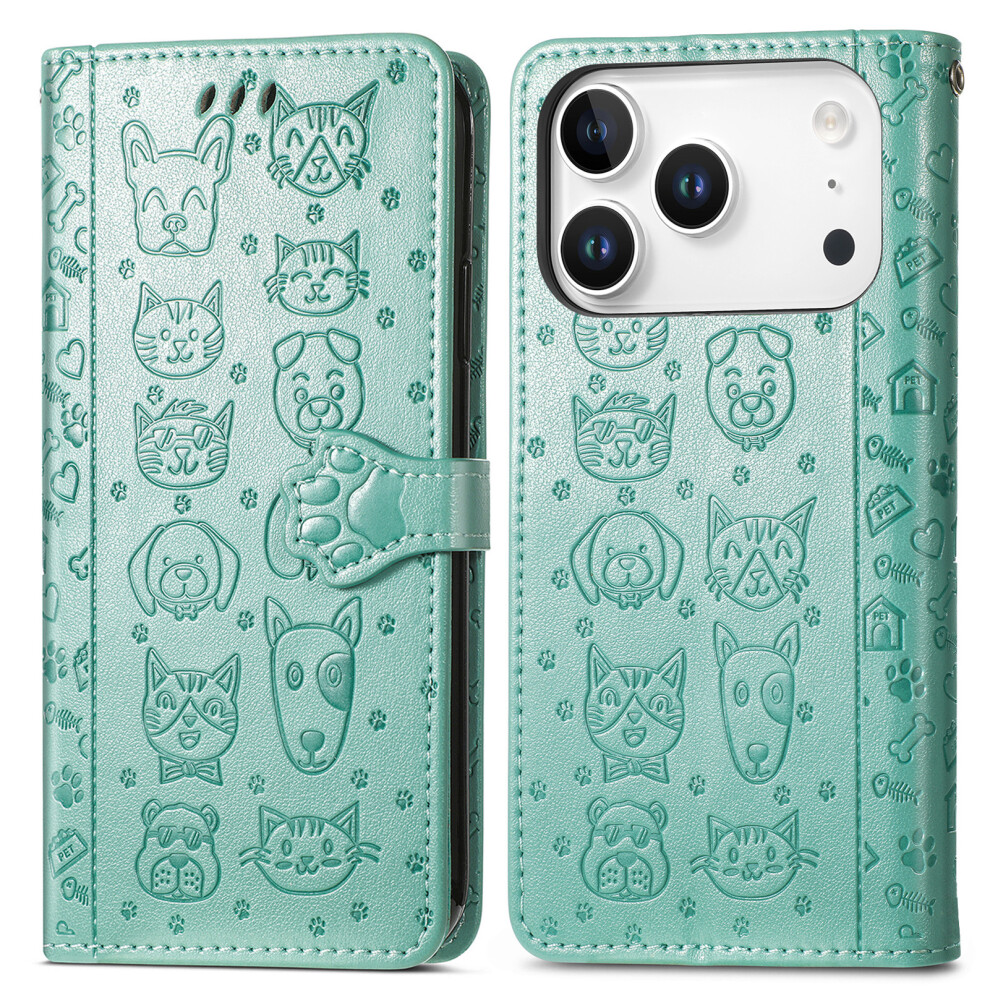 (Green) For Iphone 17 Pro Max Case Flip Wallet Leather Phone Cover With Cute Cat Dog Pattern Green 6914284247843