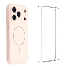 (Pink) For iPhone 17 Pro Max Case with 2pcs Screen Films WANLONFENG XQ1 Series TPU Liquid Silicone Precise Cutout Phone Cover Compatible