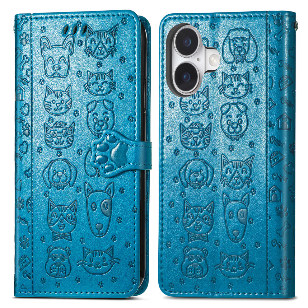(Blue) For Iphone 17 Case Flip Wallet Leather Phone Cover With Cute Cat Dog Pattern Blue 6914286347763