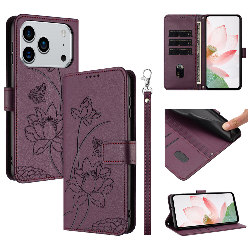 (Wine ) For Iphone 17 Pro Max Case Wallet Stand Lotus Imprint Leather Phone Cover With Wrist Strap Red 6914282220619