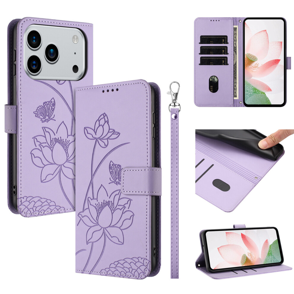 (Purple) For Iphone 17 Pro Max Case Wallet Stand Lotus Imprint Leather Phone Cover With Wrist Strap Purple 6914280860350