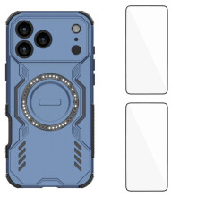 (Blue) For iPhone 17 Pro Max Magnetic Case WANLONFENG DJ Series PC TPU Phone Cover with 2Pcs Tempered Glass Film