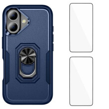 (Blue) For iPhone 17 Case with 2Pcs Tempered Glass WANLONFENG KT Series PC TPU Kickstand Phone Cover