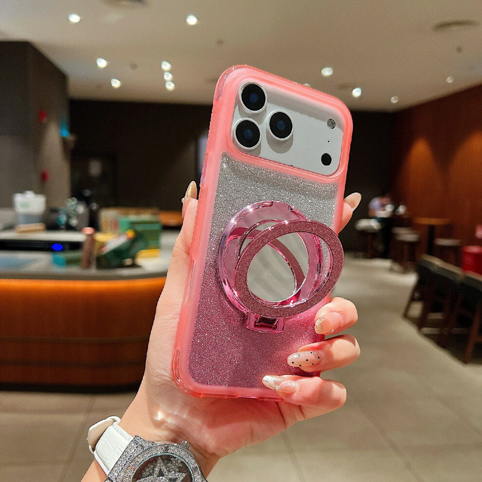 (Pink) For Iphone 17 Pro Magnetic Case Shockproof Tpu + Pc Phone Back Cover With Glitter Card Mirror Kickstand Pink 6914280888927