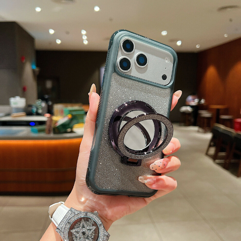 (Black) For Iphone 17 Pro Magnetic Case Shockproof Tpu + Pc Phone Back Cover With Glitter Card Mirror Kickstand Black 6914288239691