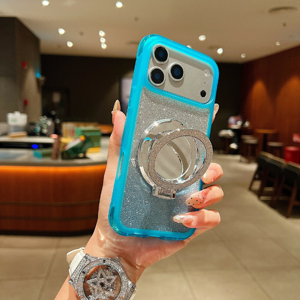 (Blue) For Iphone 17 Pro Magnetic Case Shockproof Tpu + Pc Phone Back Cover With Glitter Card Mirror Kickstand Blue 6914280191539