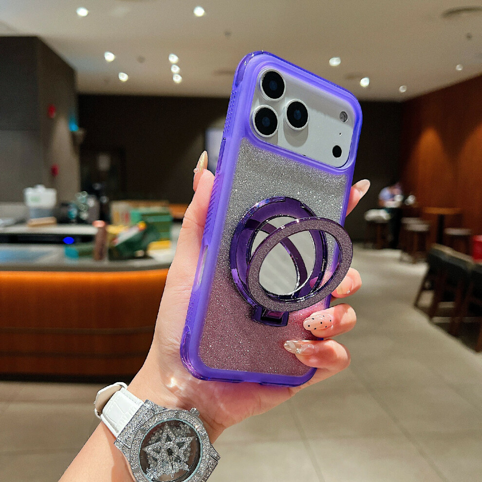 (Purple) For Iphone 17 Pro Magnetic Case Shockproof Tpu + Pc Phone Back Cover With Glitter Card Mirror Kickstand Purple 6914281827741