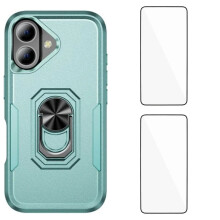 (Green) For iPhone 17 Case with 2Pcs Tempered Glass WANLONFENG KT Series PC TPU Kickstand Phone Cover