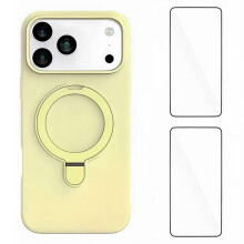 (Yellow) WANLONFENG YJ Series For iPhone 17 Pro Case Kickstand TPU Liquid Silicone Phone Cover Large Cutouts with 2 Screen Films