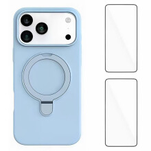 (Blue) WANLONFENG YJ Series For iPhone 17 Pro Case Kickstand TPU Liquid Silicone Phone Cover Large Cutouts with 2 Screen Films