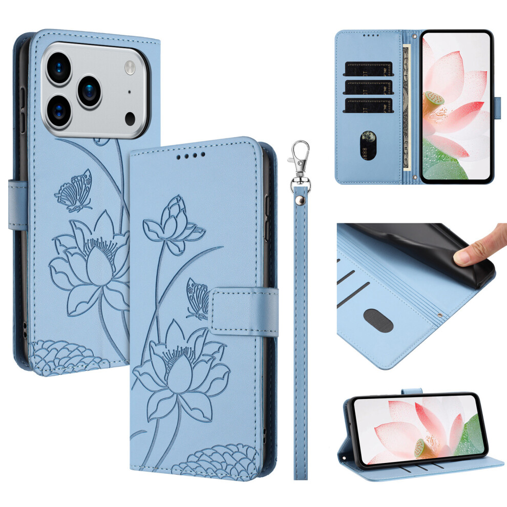 (Blue) For Iphone 17 Pro Case Wallet Stand Lotus Imprint Leather Phone Cover With Wrist Strap Blue 6914287760516
