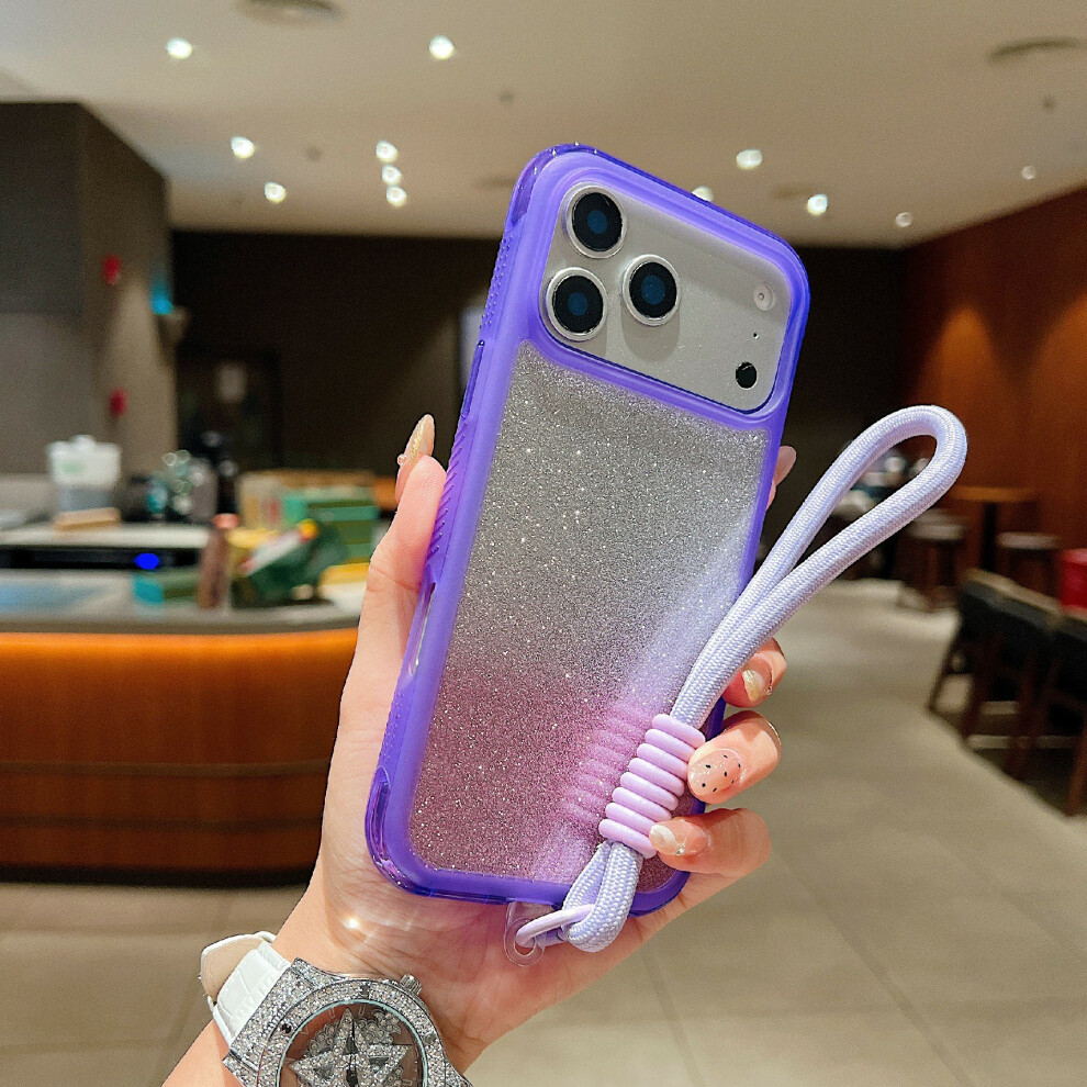 (Purple) For Iphone 17 Pro Max Case Shockproof Tpu + Pc Clear Phone Back Cover With Glitter Card Wrist Strap Purple 6914289319484