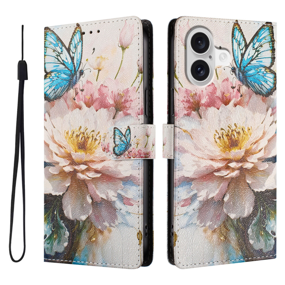 (Butterfly Flower) For Iphone 17 Case Pattern Print Pu Leather Wallet Phone Cover With Wrist Strap 6914281032138