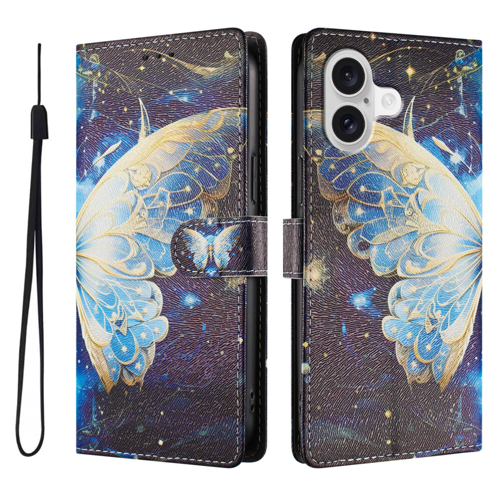 (Big Butterfly) For Iphone 17 Case Pattern Print Pu Leather Wallet Phone Cover With Wrist Strap 6914284274702